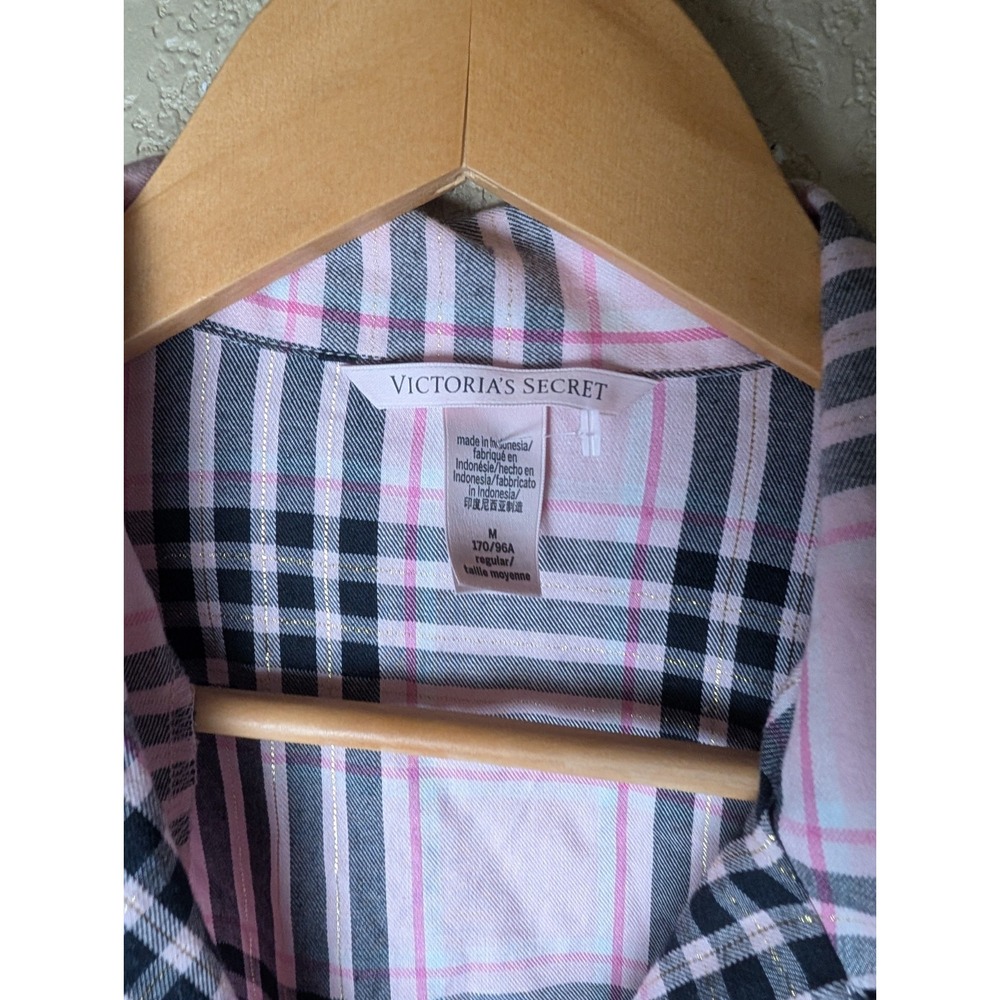 Victorias Secret Pink Black Plaid Button Down Flannel Pajama Shirt Sz M Leisure - Picture 4 of 9